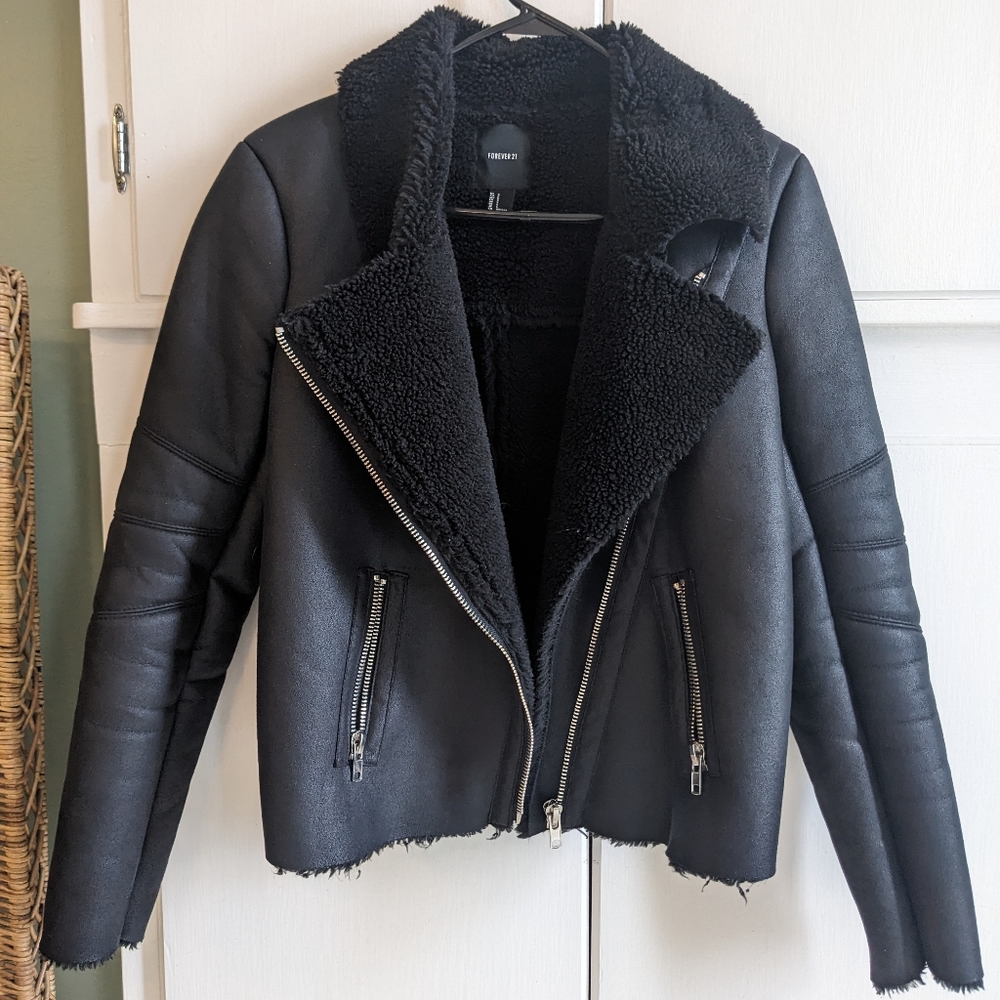 Faux leather jacket with shearling collar